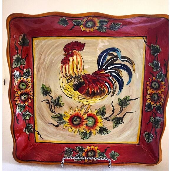 PLATTER/SERVING DISH-GALLO-Ceramic-Rooster-Sunflowers-Ruffled Edge-Decor-11"x11" - Picture 2 of 13